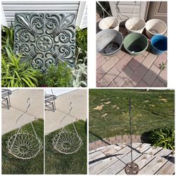 Yard decor, vintage hanging baskets, planter pots. See description for details