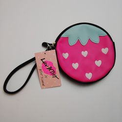 Betsey Johnson 6" Wristlet Strawberry with Embroidered White Hearts (NWT) 
