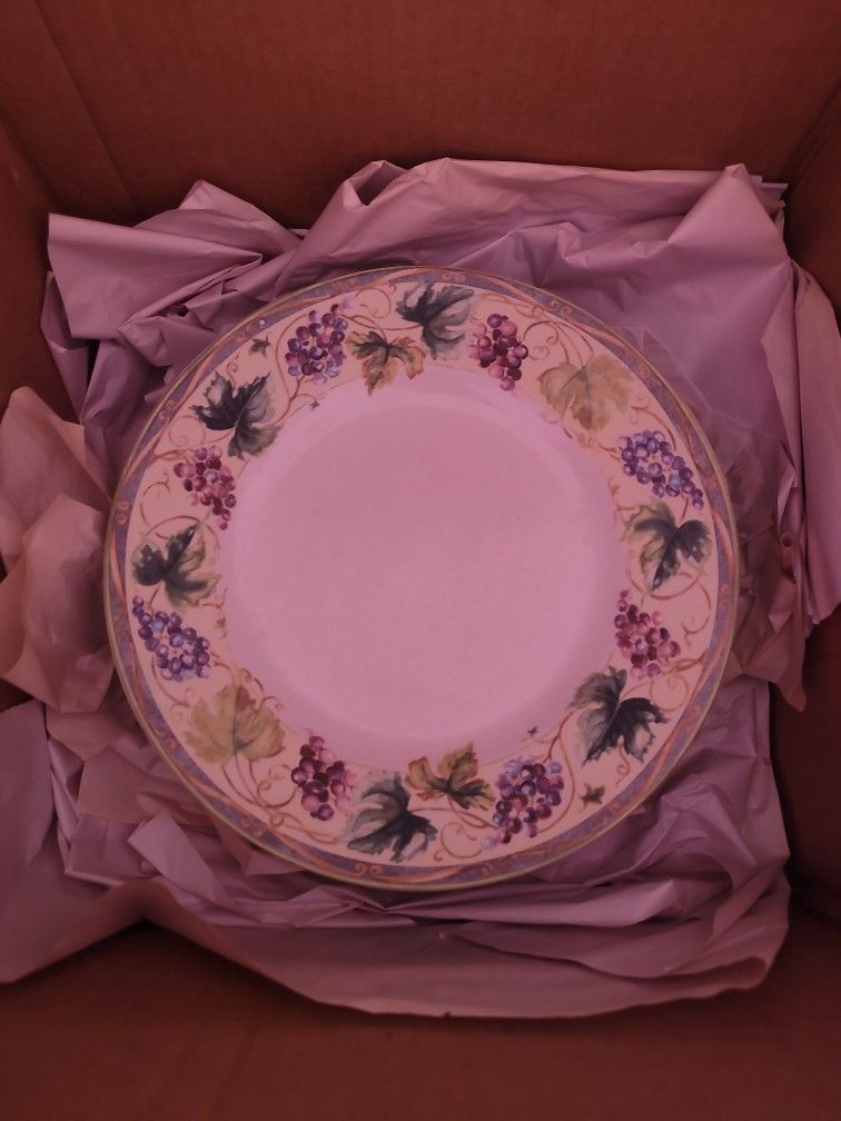 Set of 4 salad bowls/shallow soup bowls, 8 plates, and 1 carafe