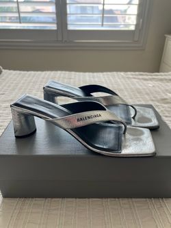 Balenciaga Silver Metallic Double Block Thong Heel Sandals