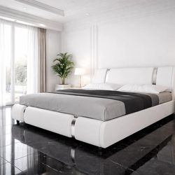 Modern King Faux Leather Bed Frame with Iron Pieces Decor, White B-10