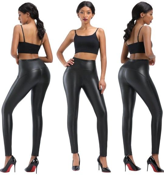 NEW LARGE Black Faux Leather Leggings for Women High Waisted Stretch Butt Lift Fleece Lined Pleather Pants