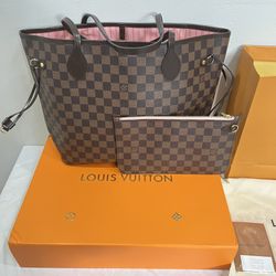 Authentic New Louis Vuitton Damier Ebene Pink/Rose Ballerine Interior Neverfull MM Handbag 