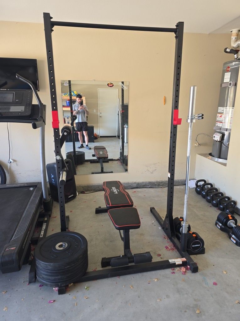 Squat Rack, Weight Plates, Olympic Bar, Bench
