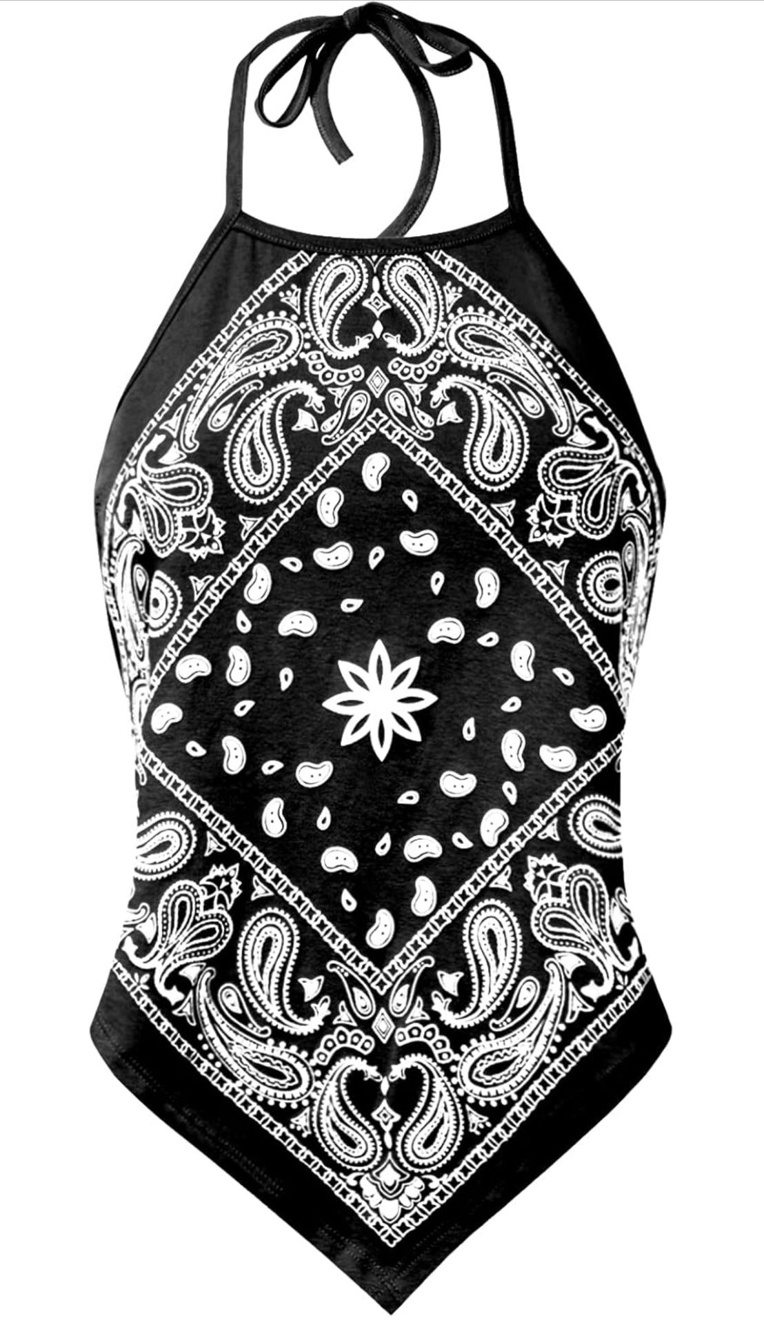 SMALL Black Design by Olivia Women's Sexy Paisley Bandana Halter Top Shirt-