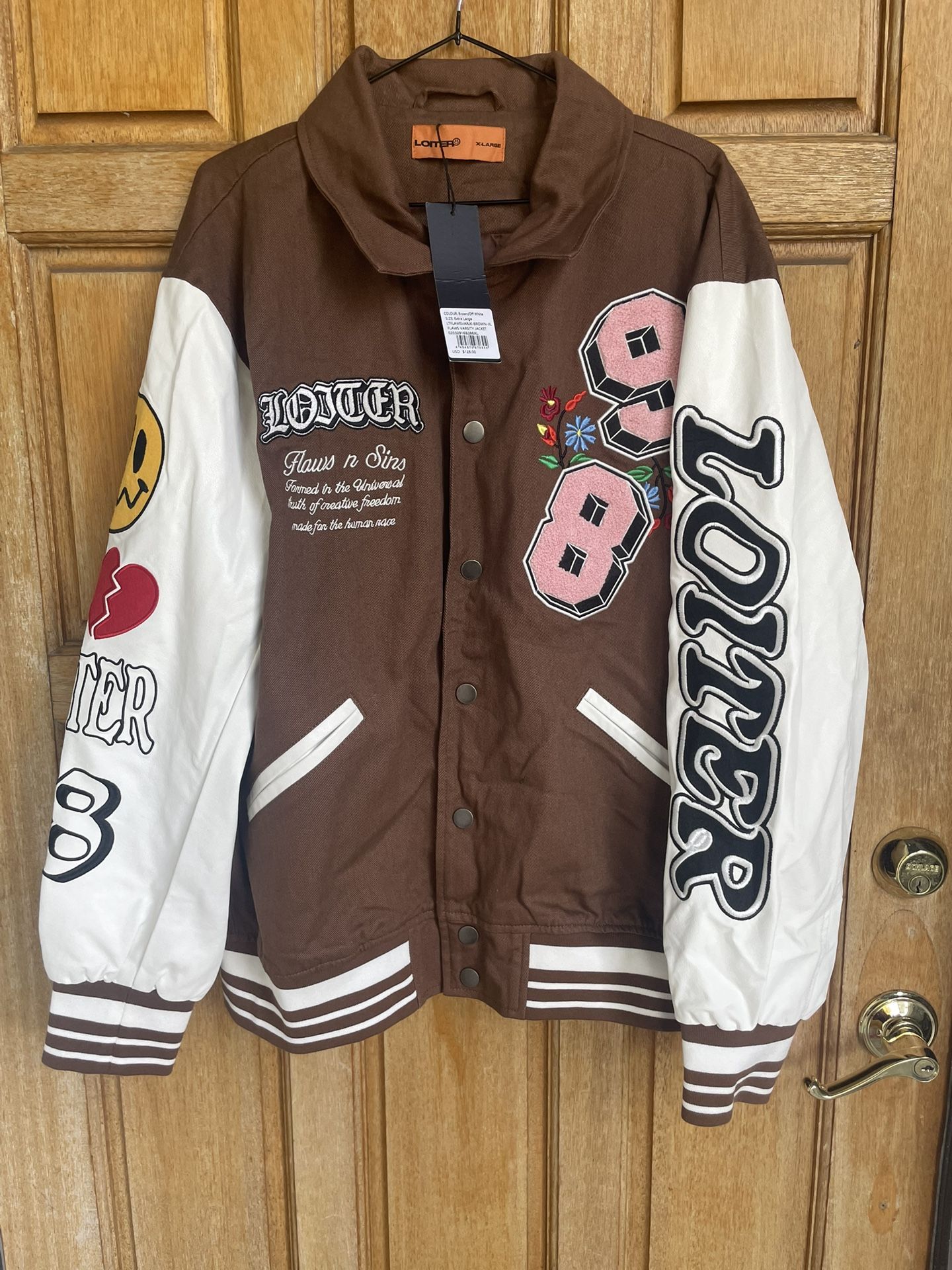 Loiter Flaws Varsity Bomber Jacket Brown XL Embroidered Patchwork NWT