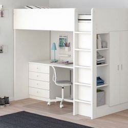 White Loft Bed with Desk and Storage
