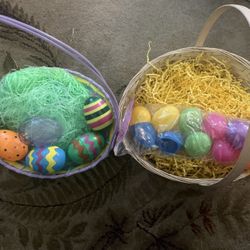 2 Vinyl Easter Baskets W/ Paper & Eggs 