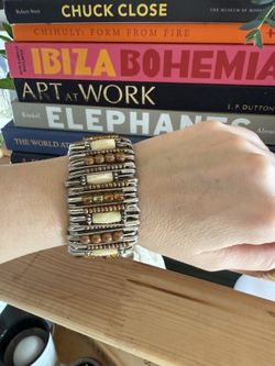 South African Handmade Bangle Bracelet Safety Pin Bone And Beads 