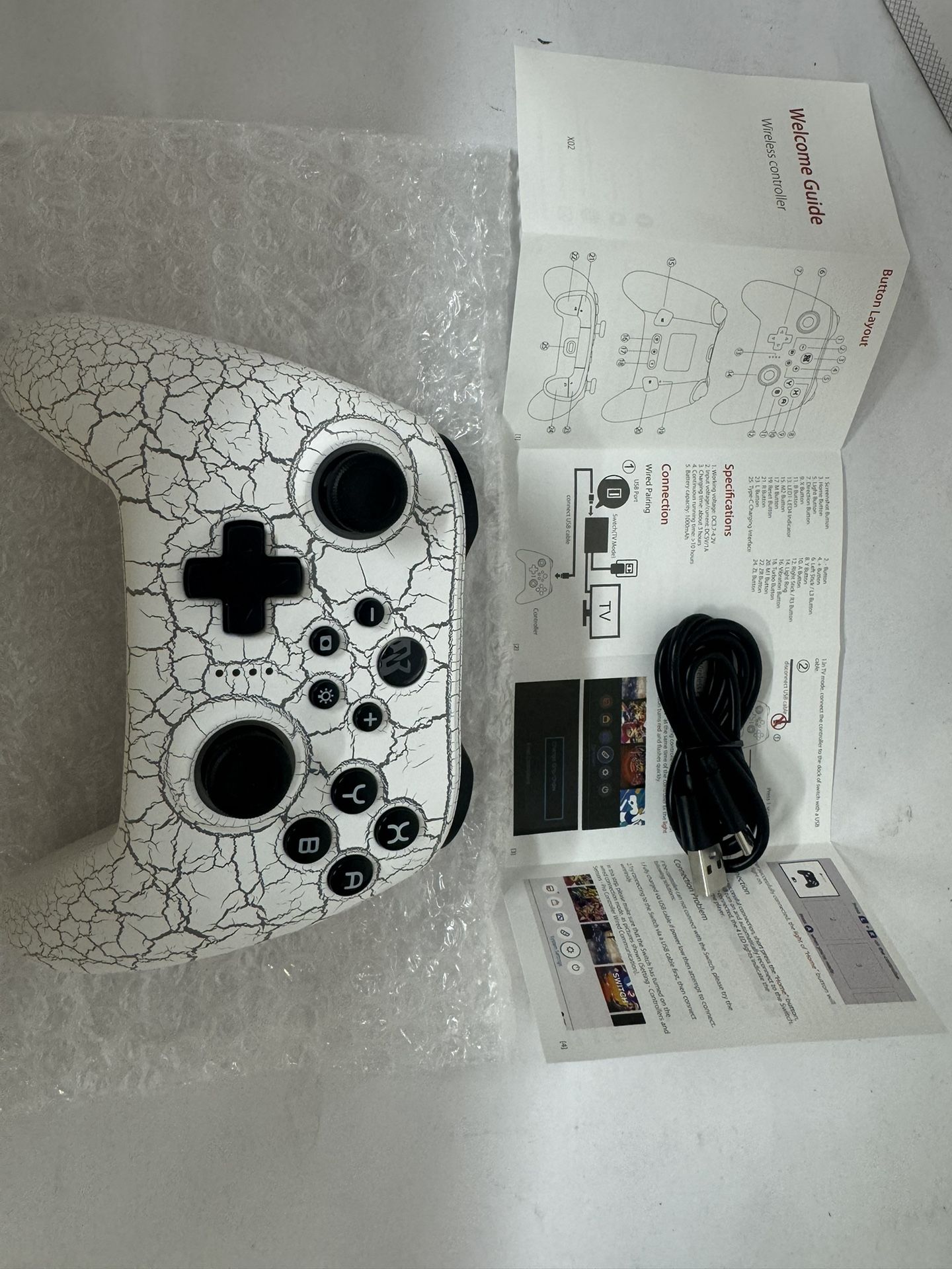 Binbok EBO Game Controller Model: X02 with Charging Cord - White, Cracked Look