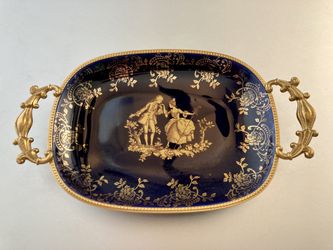 French Limoges Dark Cobalt Tray, Gold Accent D’Art