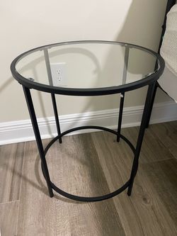 Two Round Glass Top Metal Side Table with one lamp
