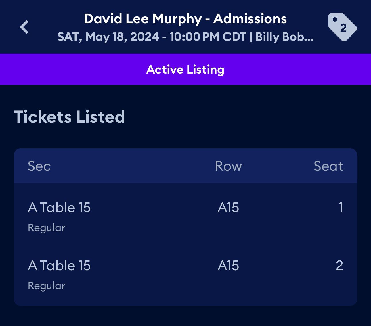 David Lee Murphy Tickets Front Seats!!! At Billy Bob’s 4ea