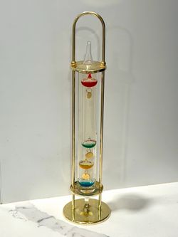 Galileo Glass Floating Ball Thermometer Brass Stand Colored Liquid Desktop Decor