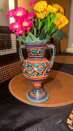 Safi Moroccan twin-handled vase, turquoise and black hand-painted earthenware