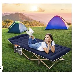 Folding Camping Cot W/Mat for Adults, Heavy Duty Outdoor Bed with Carry Bag,1200 D Layer Oxford Travel Camp Cots