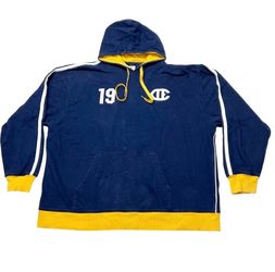 Vintage Champion Hooded Pullover 2XL Blue Yellow Logo Authentic Original