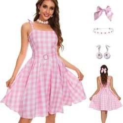 Saxcdyi Women Pink Plaid Dress Skirt Hair Bow Daisy Necklace Earrings Set Halloween 2023 Cosplay Costume Suit
