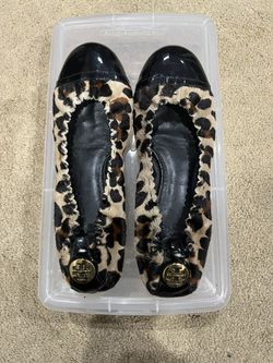 Tory Burch Calf Hair Black Patent Cap Toe Ballet Flats