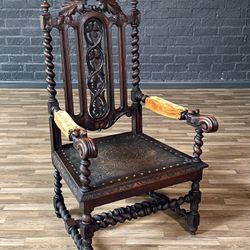 English Baroque Oak & Tooled Leather Armchair w/ Barley Twist Legs, c.1910's - Delivery Available 