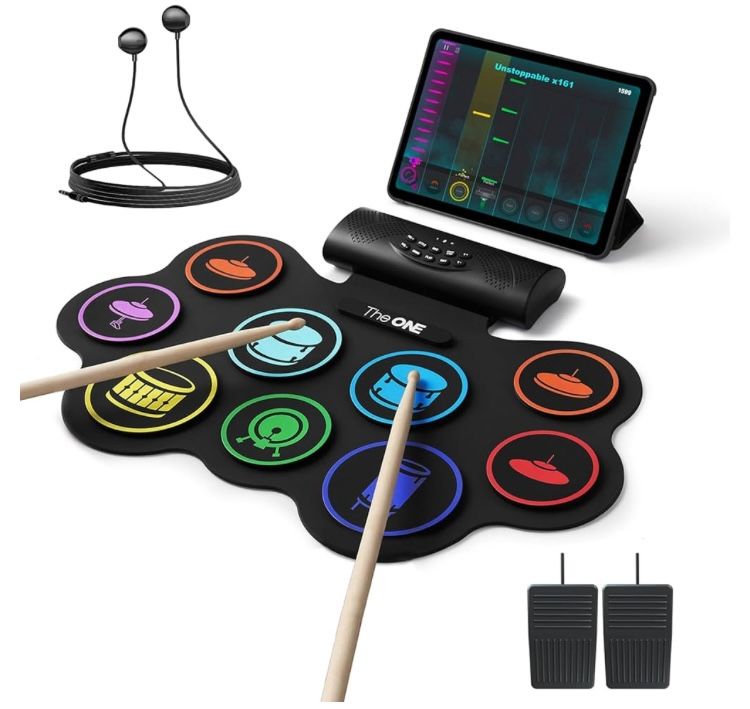 Electronic Drum Set with 9 Pads NIB!The ONE Roll Up Drum Kit with Headphones, Built-in Speaker, Drum Sticks, Pedals, Support Bluetooth MIDI/Rec.