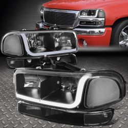GMC SIERRA YUKON 4PCs LED DRL Strip Headlight + Bumper Lamp Compatible with 99-07 Sierra/Yukon Does NOT Fit Denali Trims Black Housing 