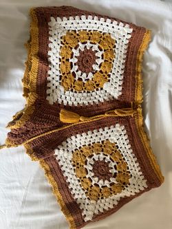 Zara Crochet Knit Drawstring Colorblock Shorts Brown White Yellow Women’s M