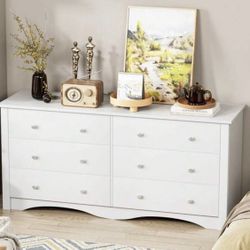 59 Inches White Wood Double Dresser with 6 Drawers for Bedroom/ TV Stand For Living Room /  Hallway.  Brand New in original box
