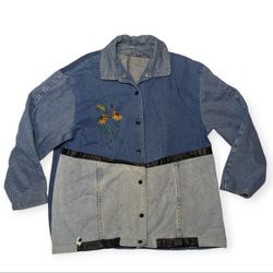Vintage Patchwork Denim Jean Colour Block Jacket Embroidered Daisy