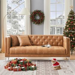 79" W Brown Faux Leather Sofa Couch with 2 Pillows, 3 Seater Couches for Living Room, Handmade Button Tufted Cushions and Metal Legs, Modern Leather S