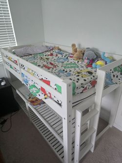 White Wood Kids Loft Bed with Ladder