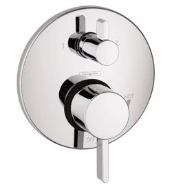 Shiny Hansgrohe Ecostat Modern Pressure Balance Shower Valve Trim with Diverter in chrome finish. Product has a plastic construction. Measures 6 3/4 i