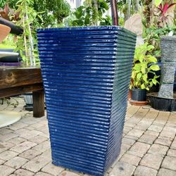 30.5” Blue Glazed Tapered Ceramic Pot/Planter: 17.5”W x 17.5”D x 30.5”H