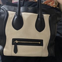 Celine Cream/Black Canvas and Leather Luggage Tote