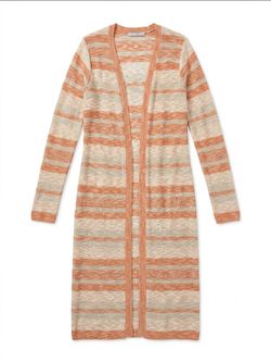 Maurice's cream/coral long, open lightweight cardigan, L. EUC.