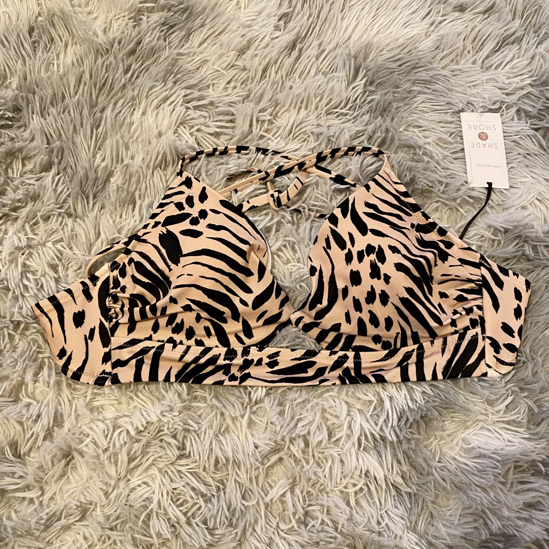Shade & Shore Women’s Longline Cut Out Bikini Top Size 36B Beige Animal Print
