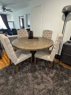 Round Rustic Wood Dining Table + 4 Upholstered Tufted Chairs