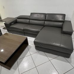 Beautiful Grey Gray Leather L Shape Sectional Couch Sofa Recliner Living Room Set Modern Contemporary End Side Table Middle Coffee Table 