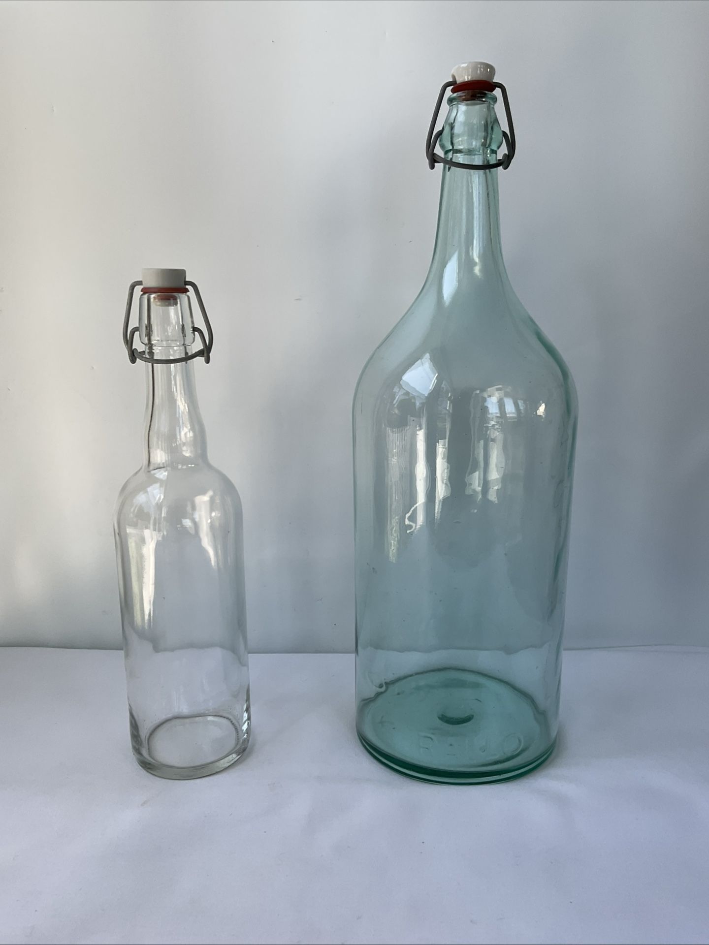 Vintage Bluish Green Glass Rallo Marsala Wine Bottle W/Porcelain Swing Top 16inc