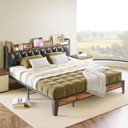 California King Bed Frames, Storage Headboard with Outlets, Easy to Install, Sturdy and Stable, No Noise, No Box Springs Needed, Rustic Brown and Blac