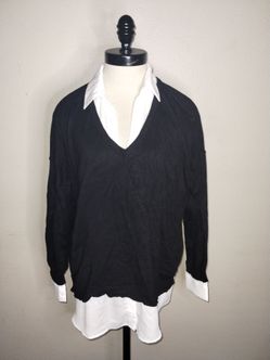 Adrianna Papell Women Black White Mixed Media Layered Sweater  Blouse Top Medium