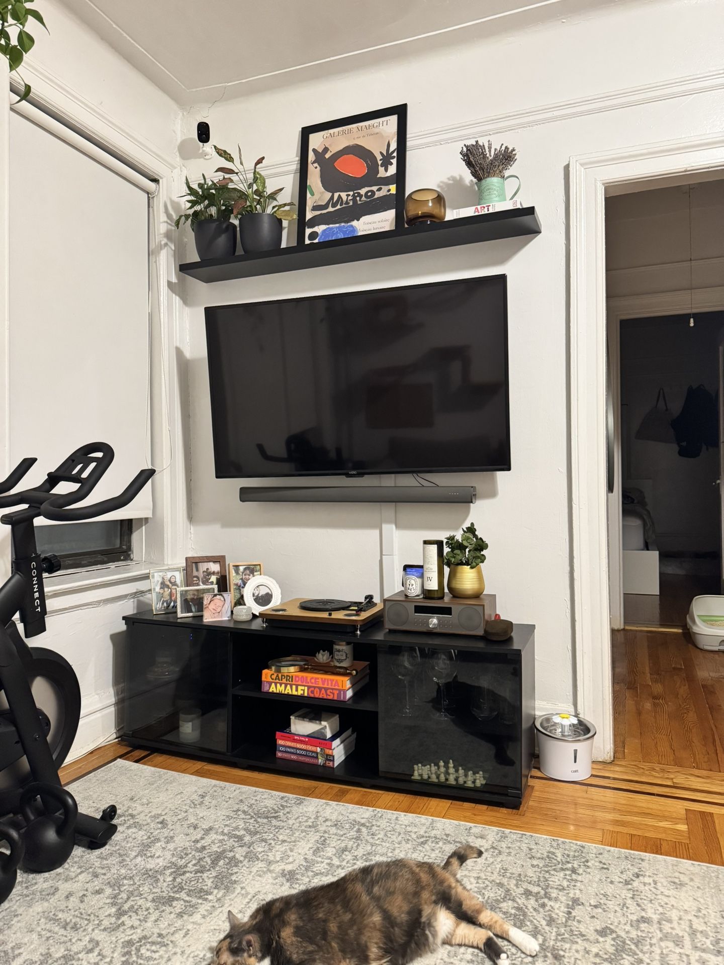 Modern Black TV Media Console – Great Condition + Free Wall Shelf!