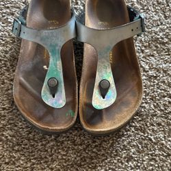 Metallic Silver With Green Birkenstocks Slipper Size 38