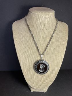 Vintage hematite charcoal Cameo pendant necklace 22” inches long