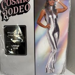  Cosmo Rodeo Fringe Jumpsuit Women’s Large (12-14) Grey Overall Halloween Costume, 1pc set jumpsuit metallic grey pullover zip up, new with tags