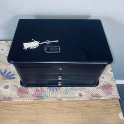 Locking Jewelry Box w/ Glass Top, Drawers & Coach Key Tag – Black Organizer 