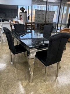 Black Faux Marble Dining Table with 4 Chairs