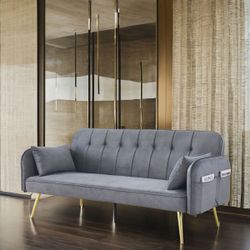 NEW 72.5 Inch Loveseat Sofa, Convertible Sofa Bed with Adjustable Backrest,Velvet Lounge Chair 2 Seater Couch with Side Pockets & 2 Pillows for