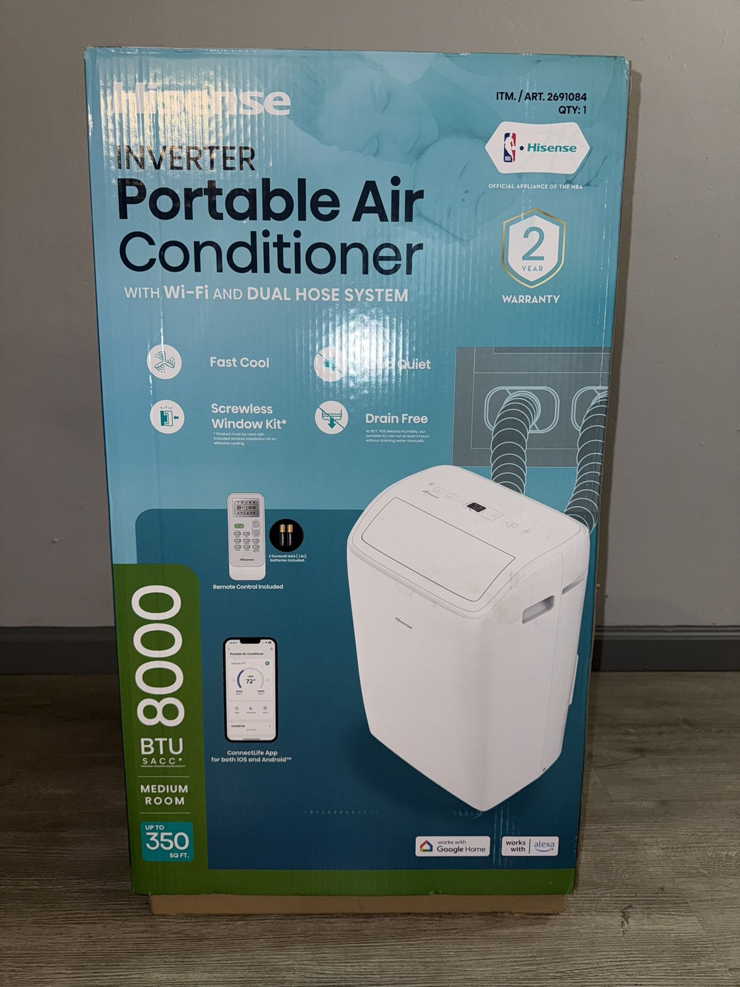 Hisense 8,000 BTU Portable Air Conditioner with Dual Hose and Inverter, White