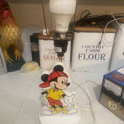vintage Disney Mickey Mouse Classic White Painted Wooden Table Lamp, likely from the 1980s. 